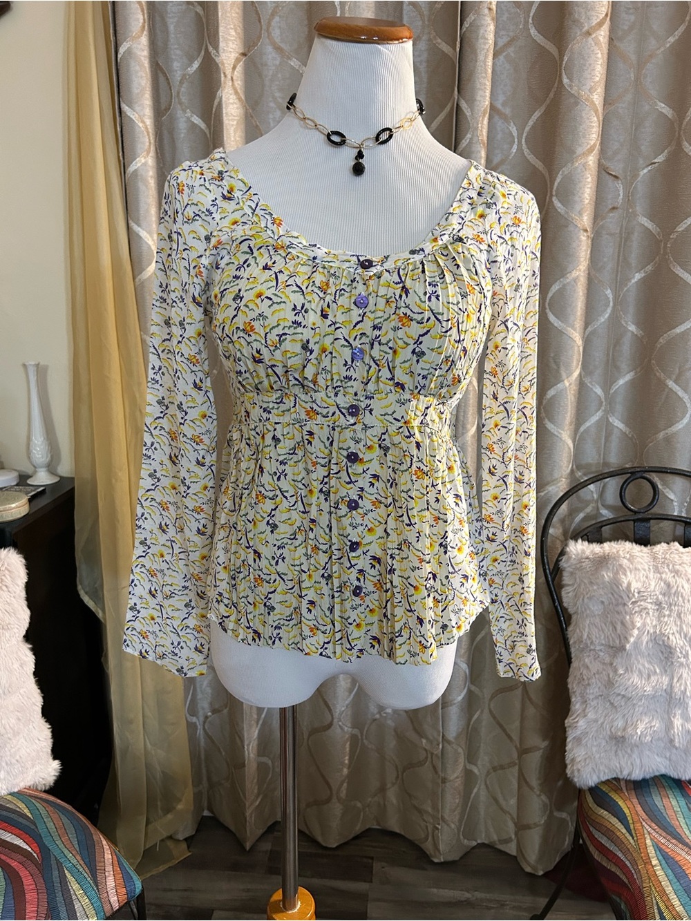 Floral Yellow Button-Front Long-Sleeve Blouse